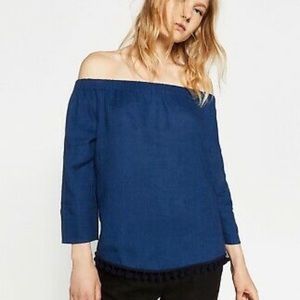 Zara womens XS blue linen top with pom trim